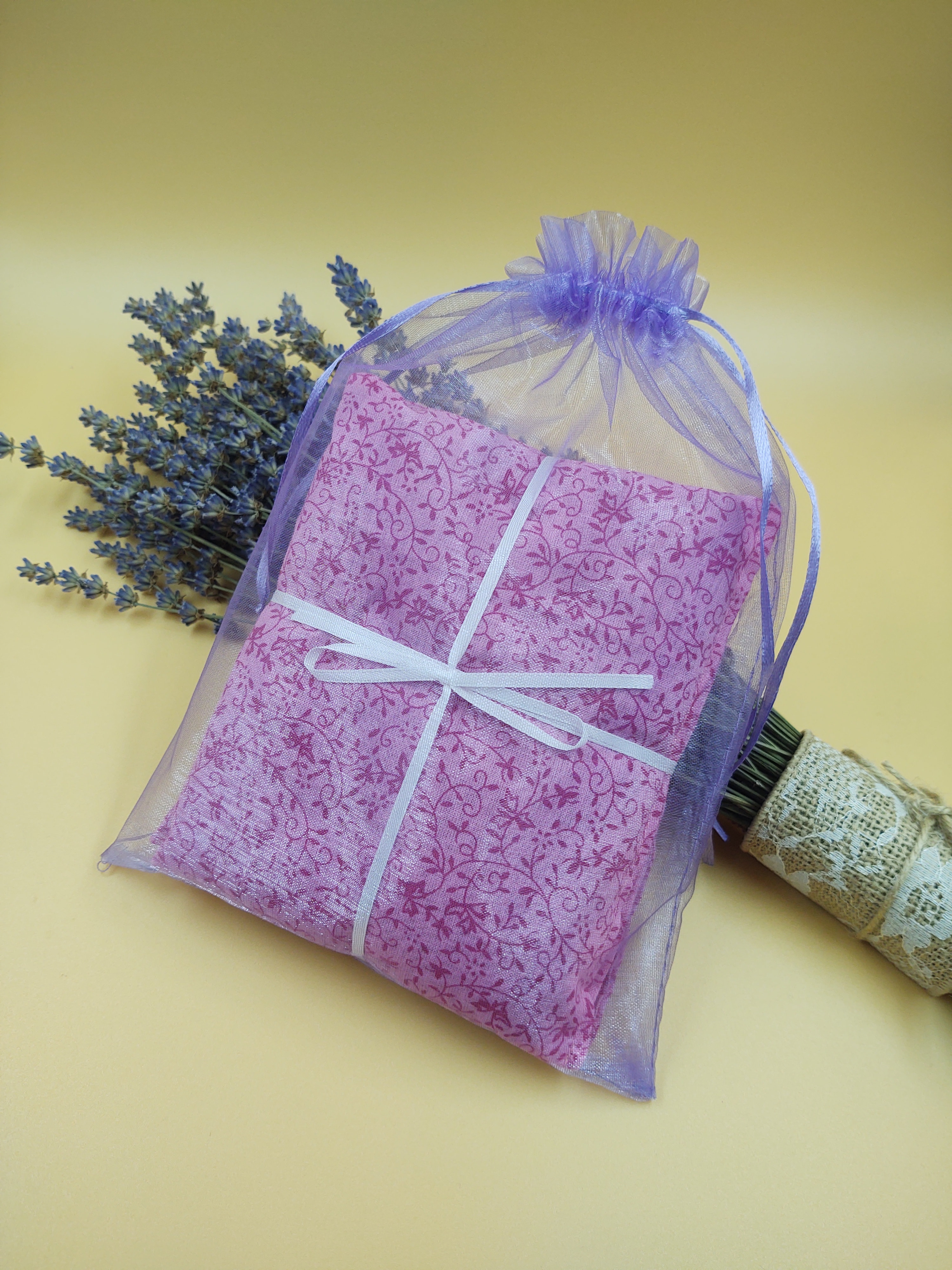 Set of 4 Lavender Sachets made with Red Organza Bags 